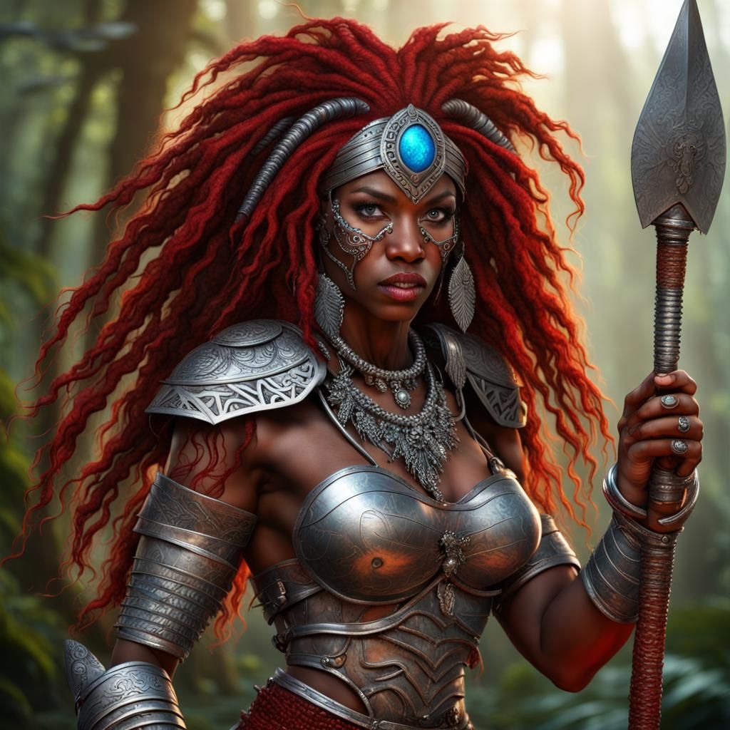 3D ebony female tribal warrior with left blue eye, right brown eye, long crimson red kinky wavy hair with baby hairs, si...