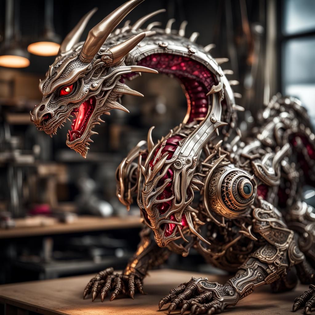 Robotic Ruby-Eyed Dragon in Workshop: Hyperrealistic HDR