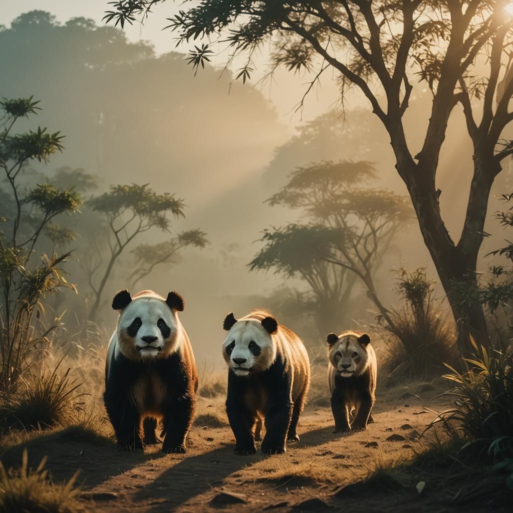 Panda and Lion in Misty Savannah Dawn