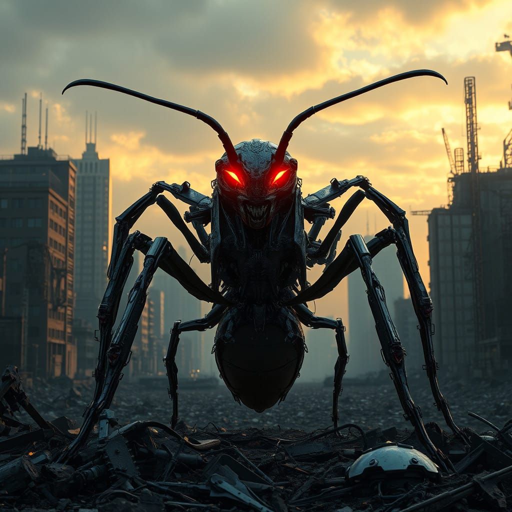 Gritty Cyberpunk Cyborg Ant Queen Reigns Over Ruined Metropo...