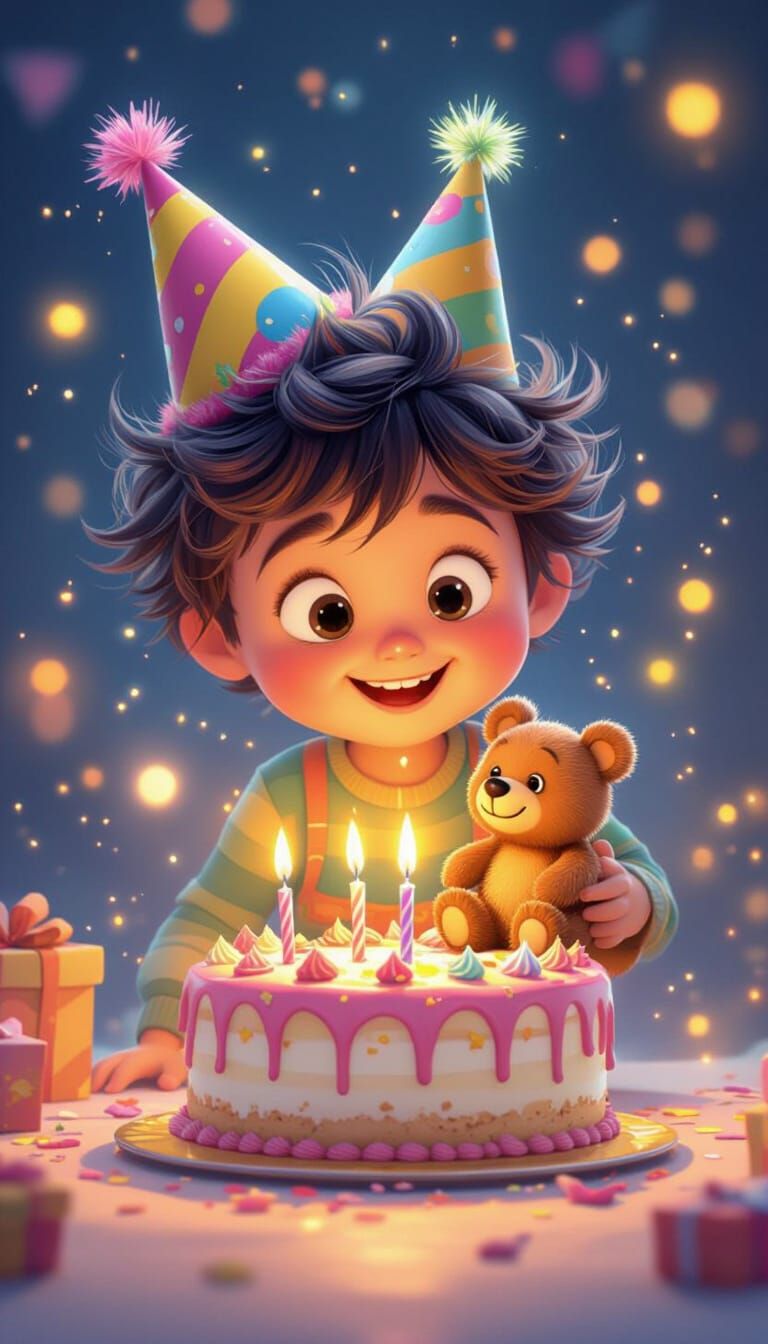 Child's Birthday Party with Magical Bear, 3D Render