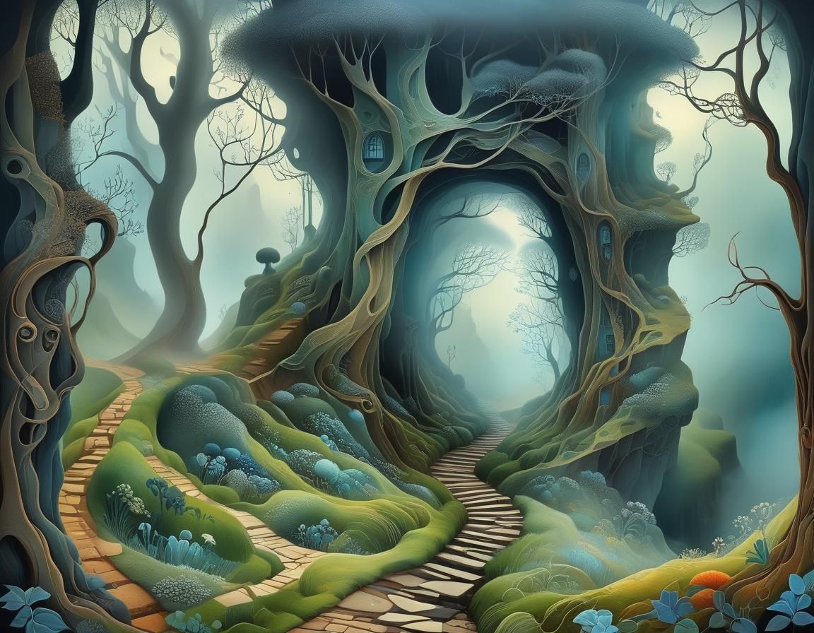 Misty Valley Path: Surreal Intricate Landscape