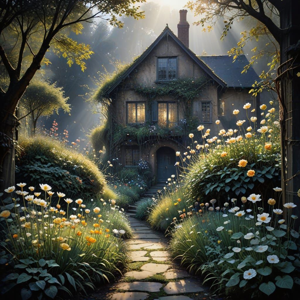 Sunlit Garden in Shadow, Watercolor Style