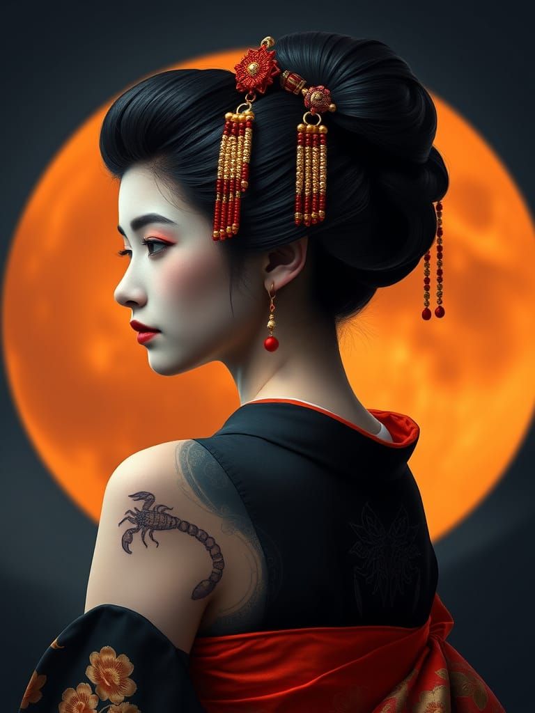 Geisha with Scorpion Tattoo in Asian Art Style