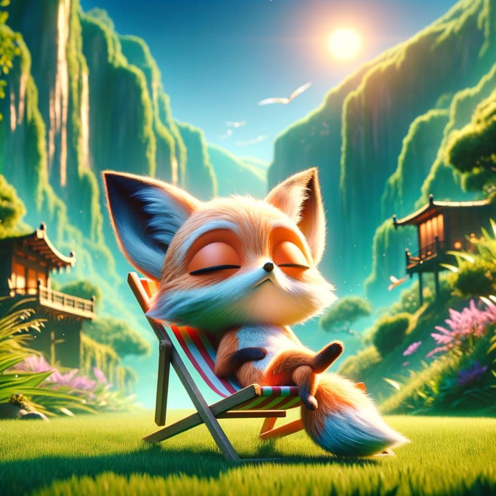 Charming Chibi Fox Lounging in Epic Panoramic Scene