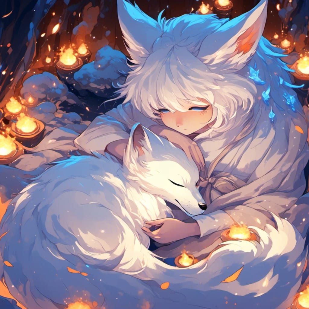 Adorable Kitsune Napping near Blue Flame: Anime Style