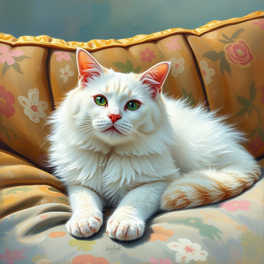 White Cat on Sofa: Gouache and Watercolor Impressionist Styl...