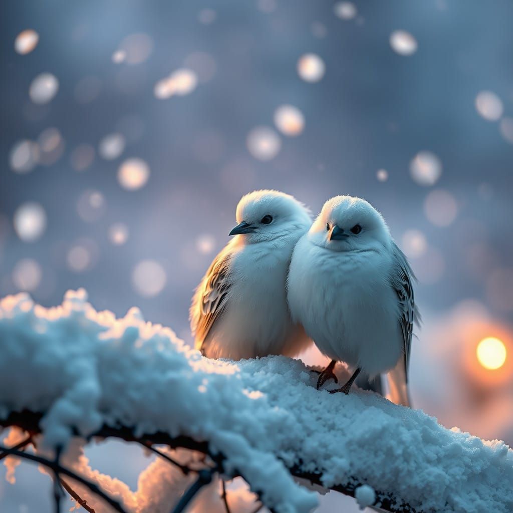 Surreal Birds in Snowy Landscape with Blue Lights and Warm G...