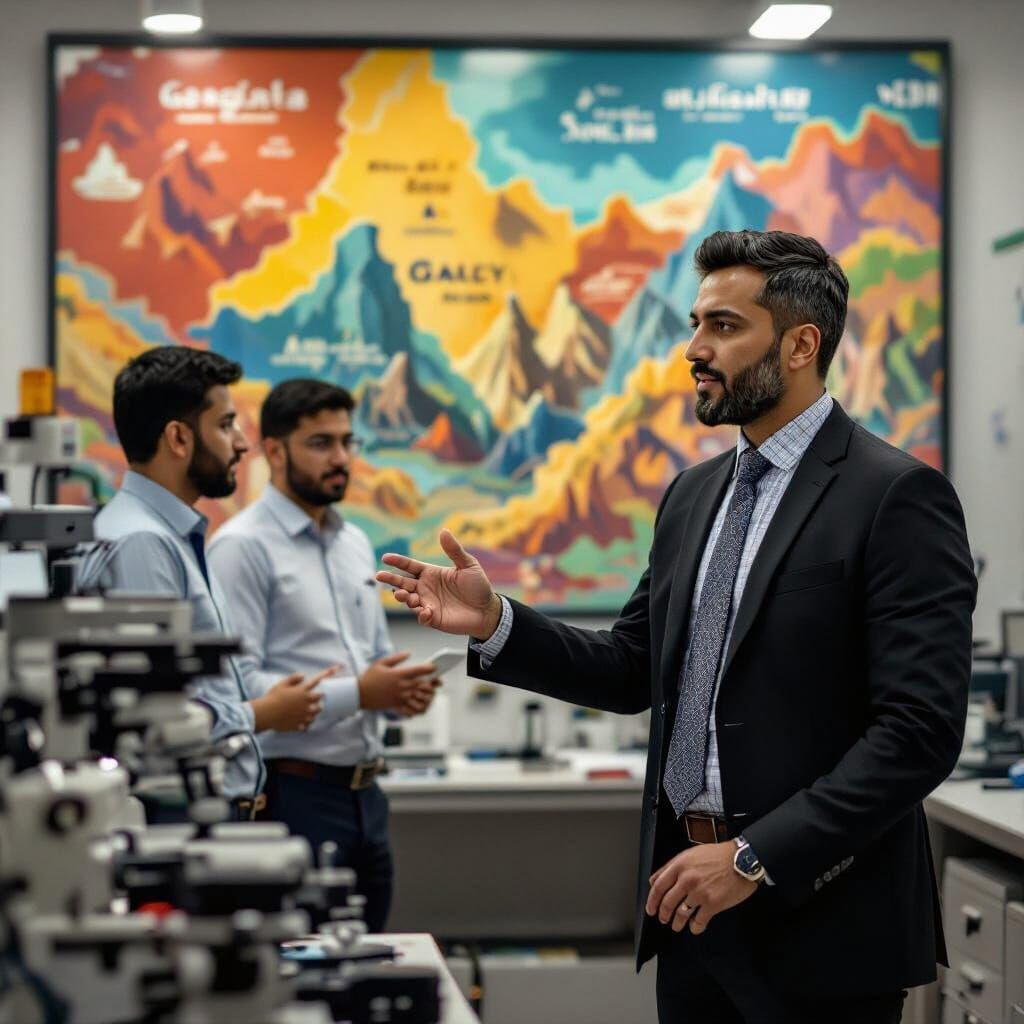 Afghan Scientist Discussing Research in Futuristic Style