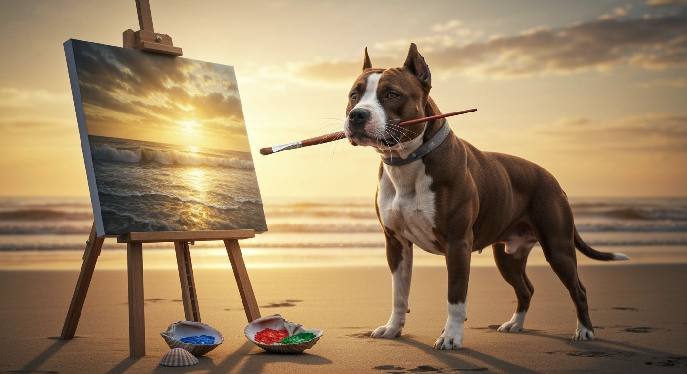 Artistic Amstaff Paints Sunset Beach Scene