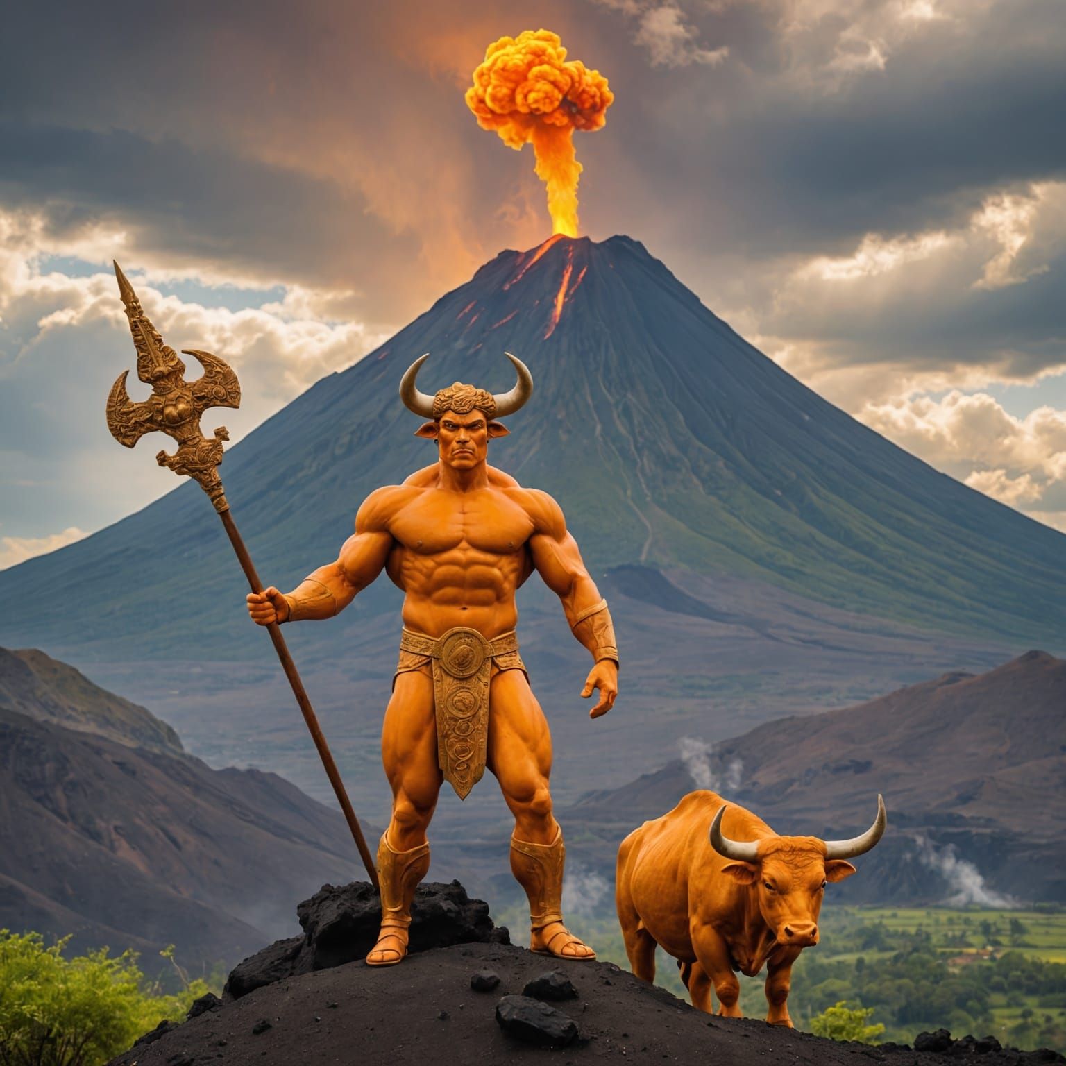 Orange Minotaur with Spear and Erupting Volcano