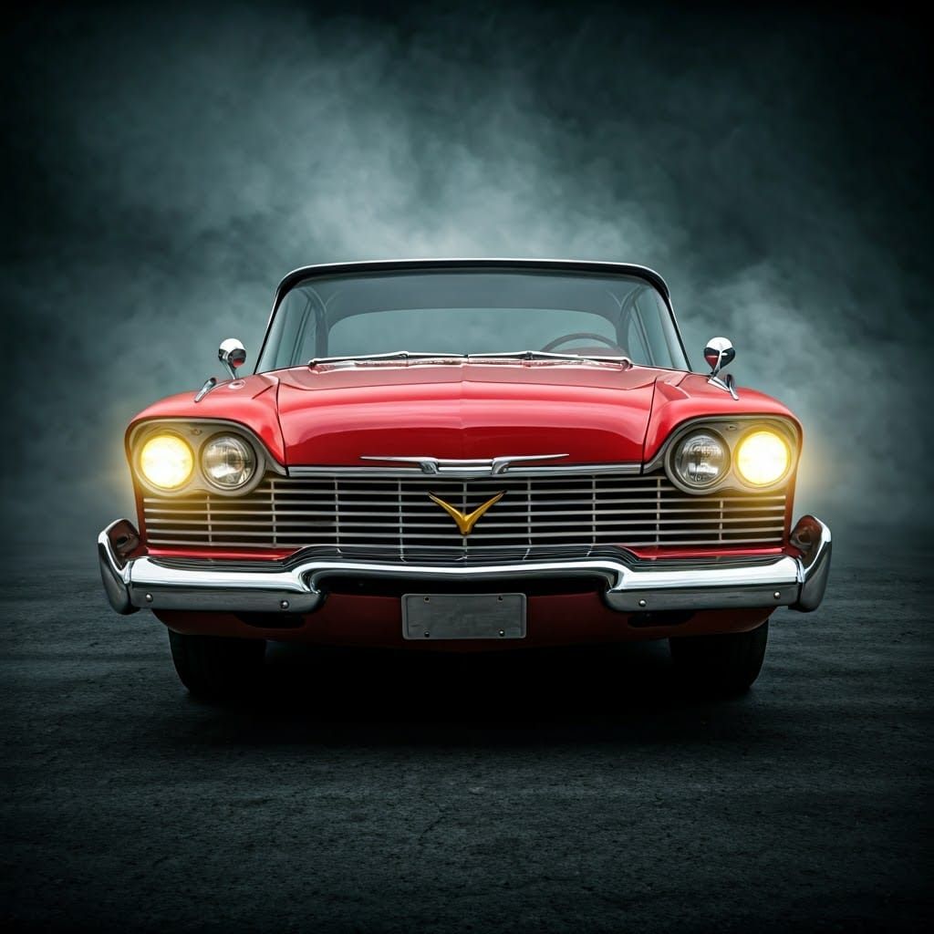 Menacing Red Plymouth Fury in Ominous Fog