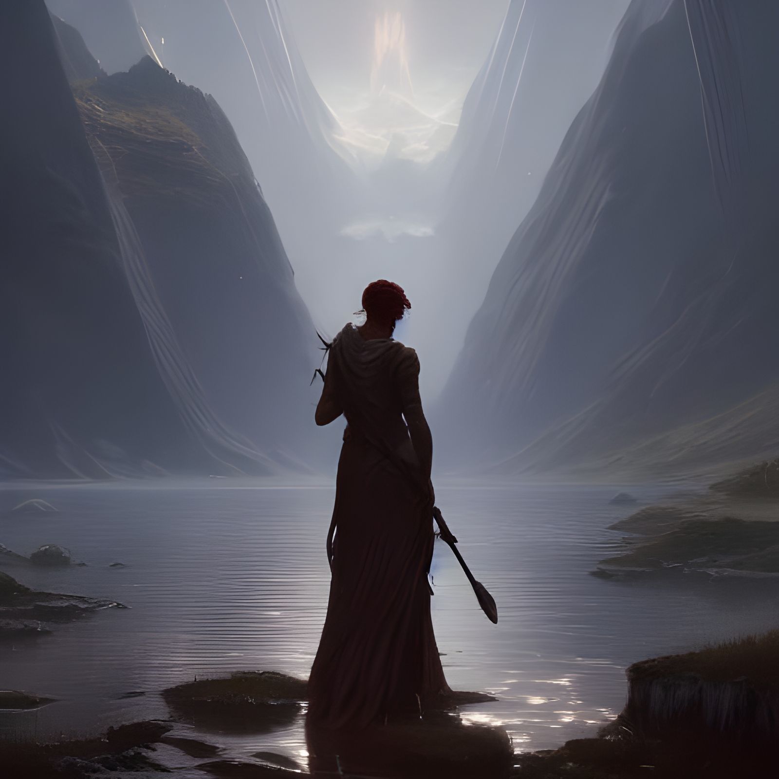Dark Fantasy Lake Art in Purple and Yellow