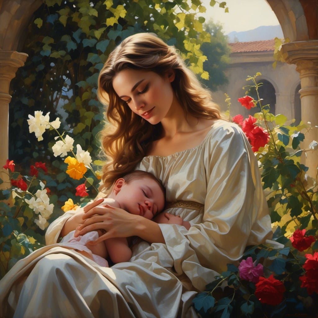 Holy Mary and Baby Jesus in Garden