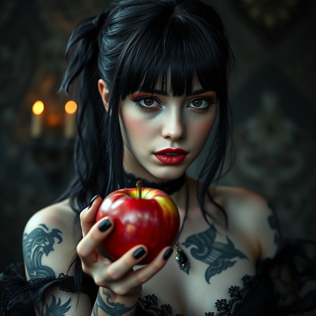 Gothic Woman with Apple, Hyperrealistic Image