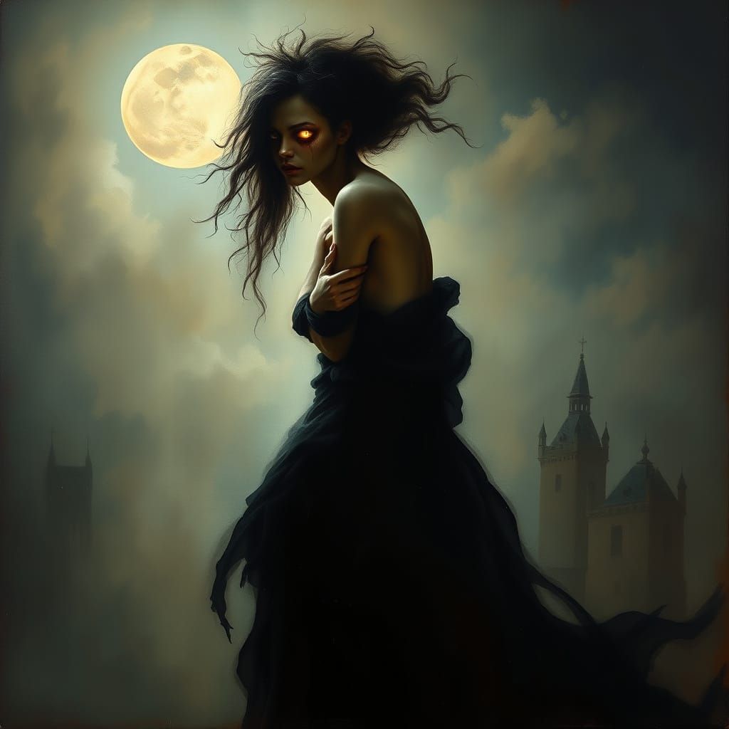 Decadent Oil Painting of Grotesque Woman in Moonlight