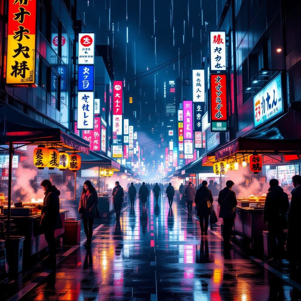Futuristic Tokyo Night Market: Neon Lights and Diverse Crowd...