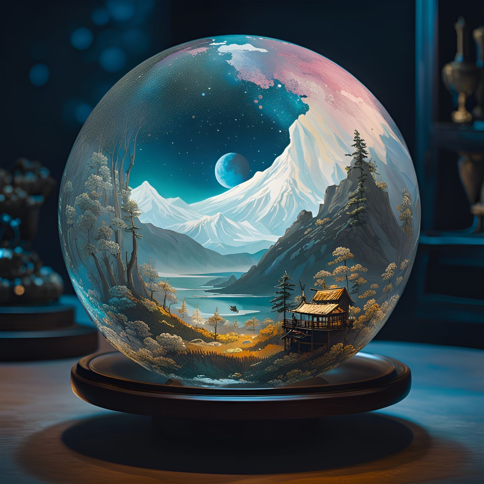 Moonscape in Glass Sphere: Hyperdetailed Watercolor