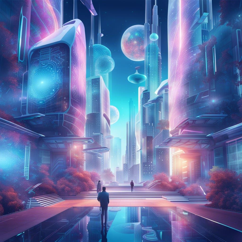 Futuristic AI Cityscape in Holographic Astral Illustration