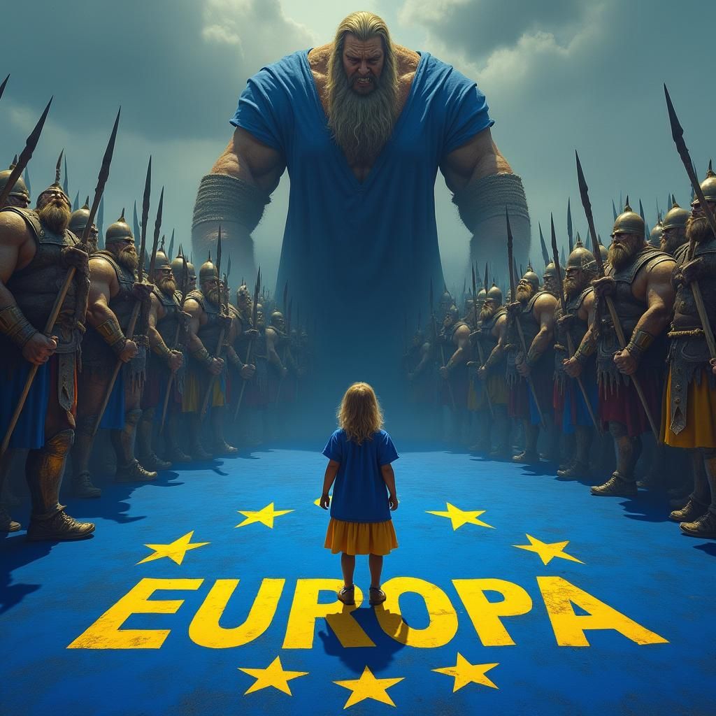 Defiant Girl Faces Giant Army with EU Flag
