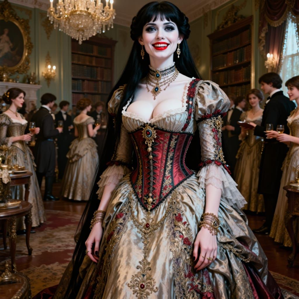 Victorian Vampire Woman in Red Gold Dress