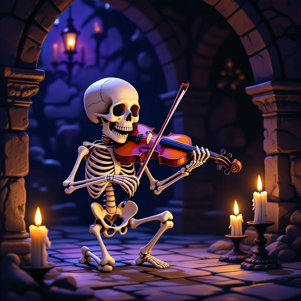 Skeleton Musician Plays Spooky Tune in Candlelit Catacomb