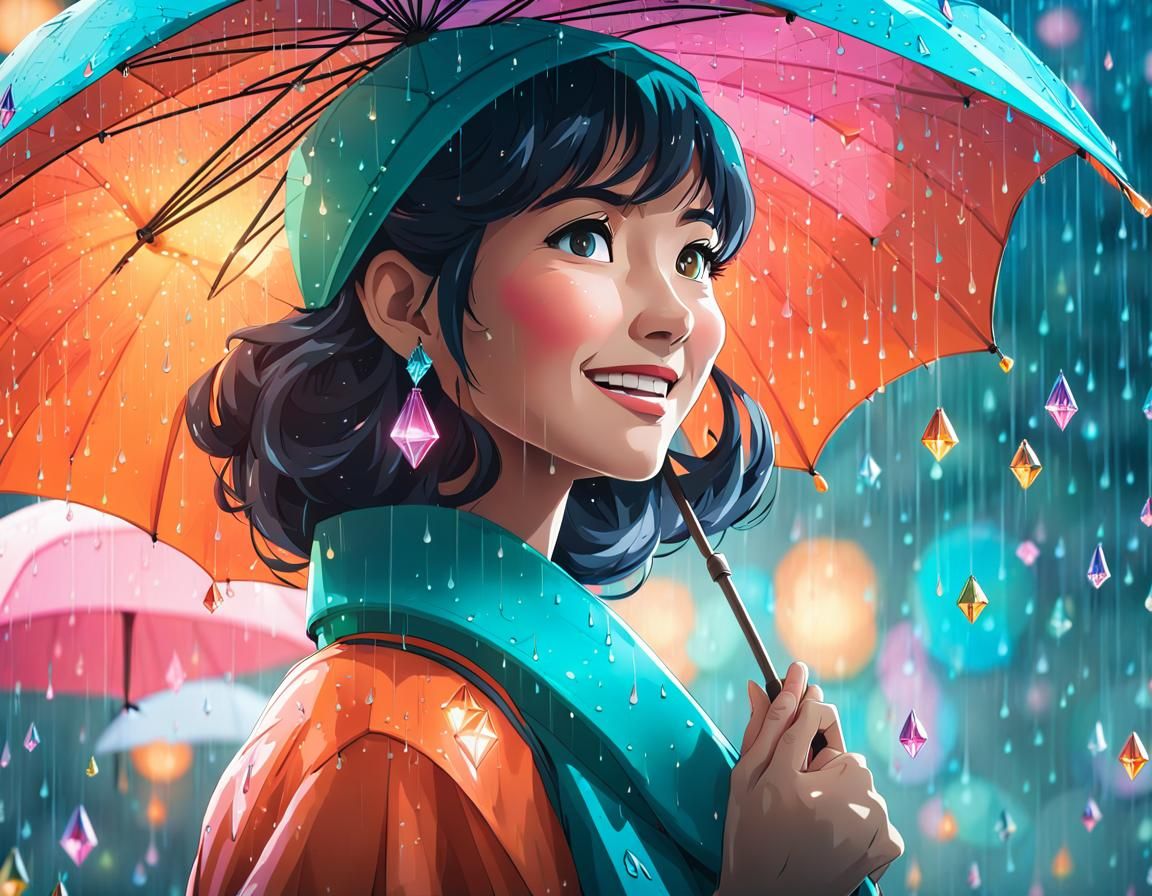 Woman's Ethereal Moment in the Studio Ghibli Style Rain