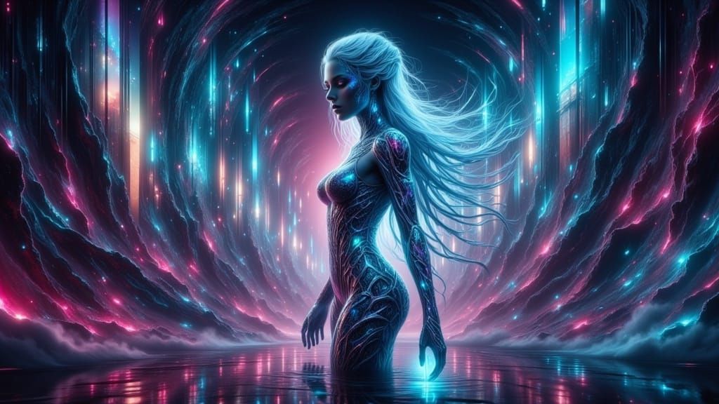 Mystical Silver Woman in Swirling Vortex of Colors