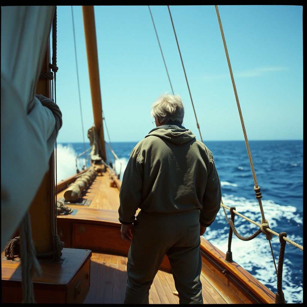 Weathered Sailor at Bow: Cinematic Seascape