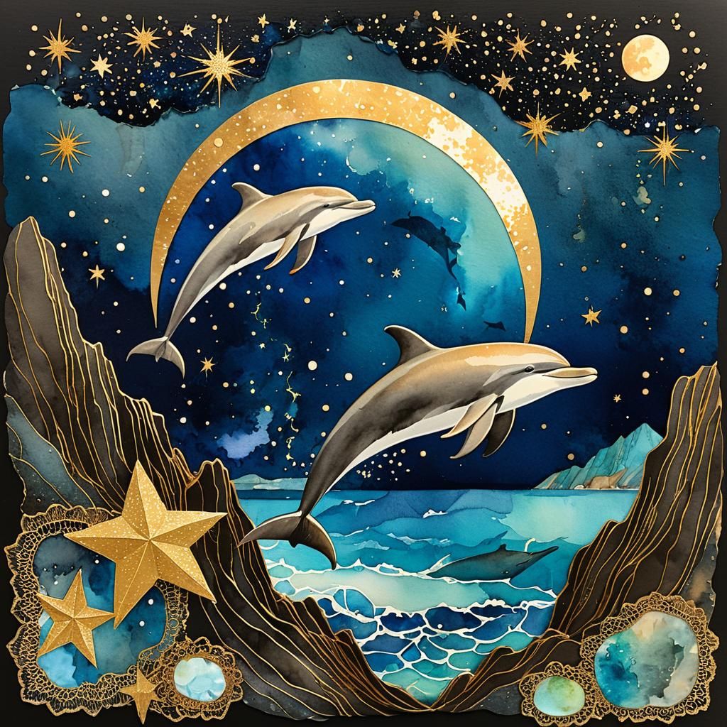Watercolor Dolphin Under Lightning in Mid-Century Style