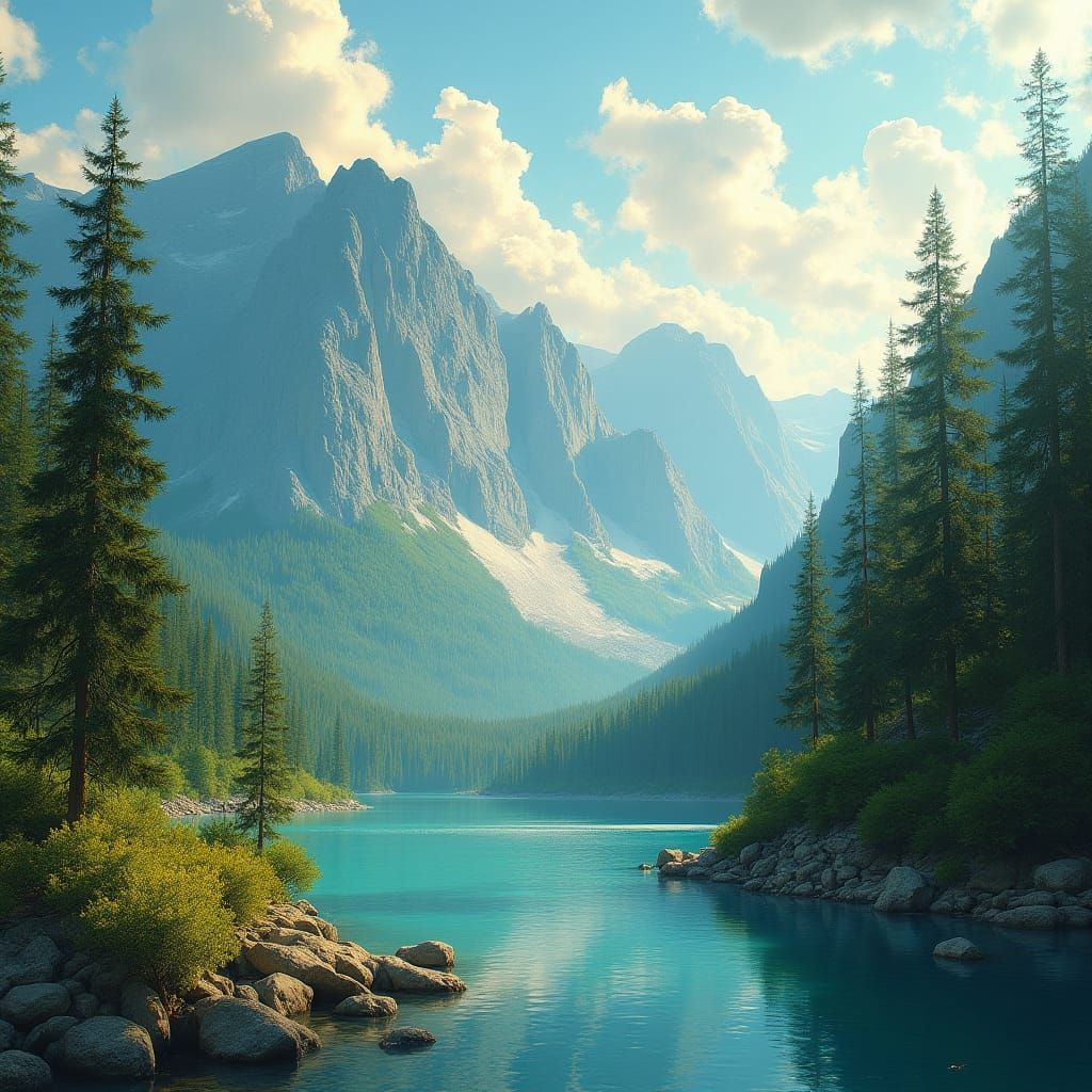 Lush Landscape with Golden Light and Dreamy Skies