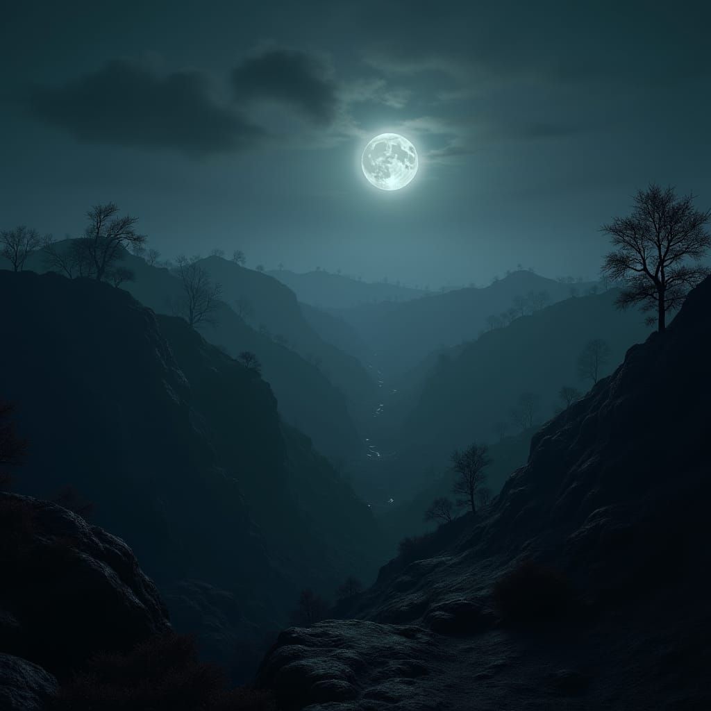 Ethereal Moonlit Landscape Panorama in Dutch Style