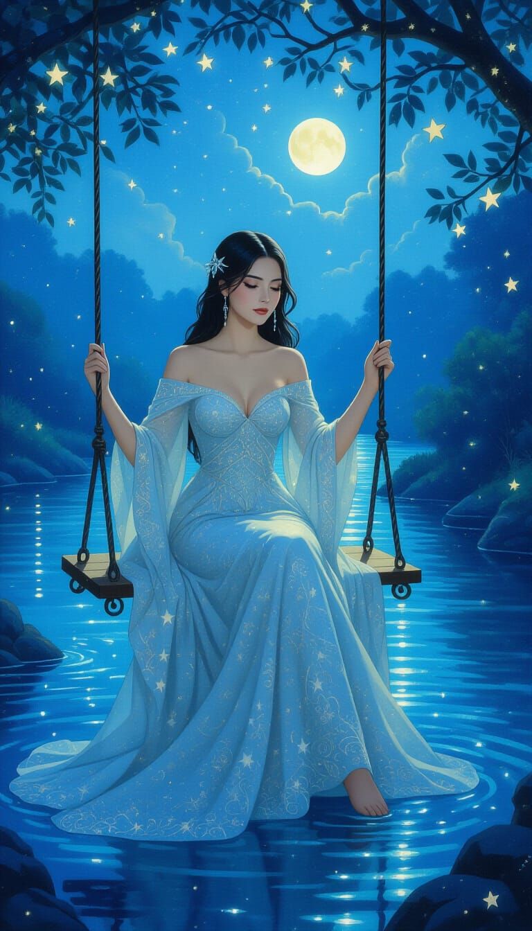 Woman on Star Swing in Twilight Astral Illustration