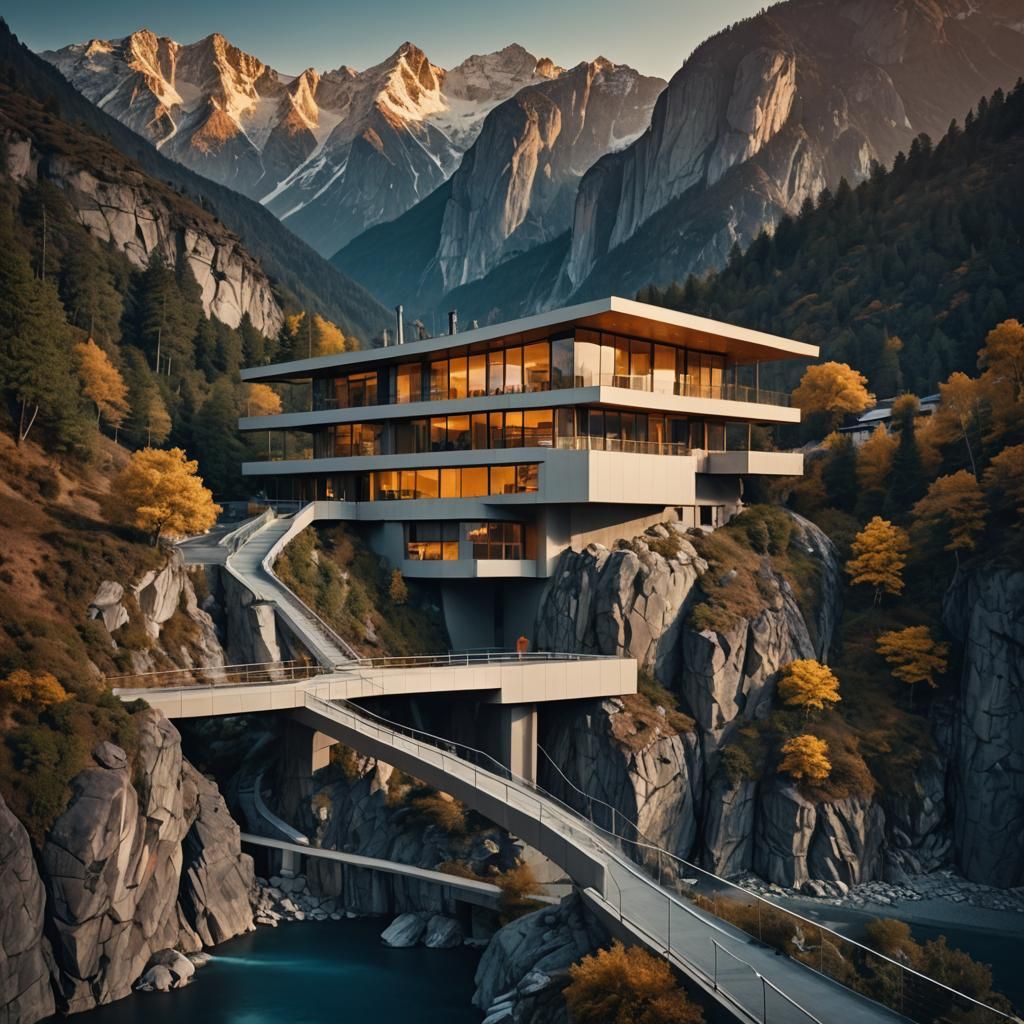 Ultramodern House on Mountain Bridge in Cinematic Style
