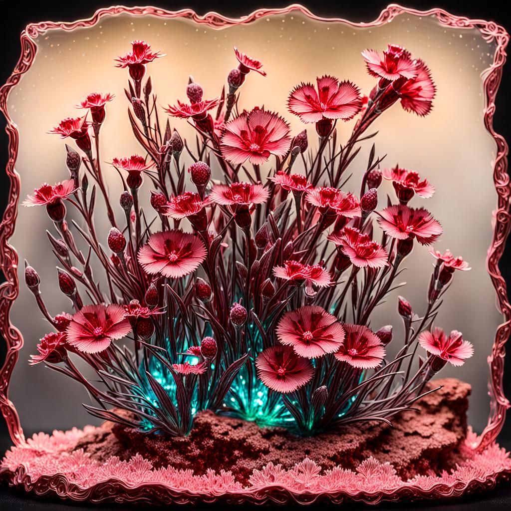 Bioluminescent Flowers in Vermilion Crystal Sculpture