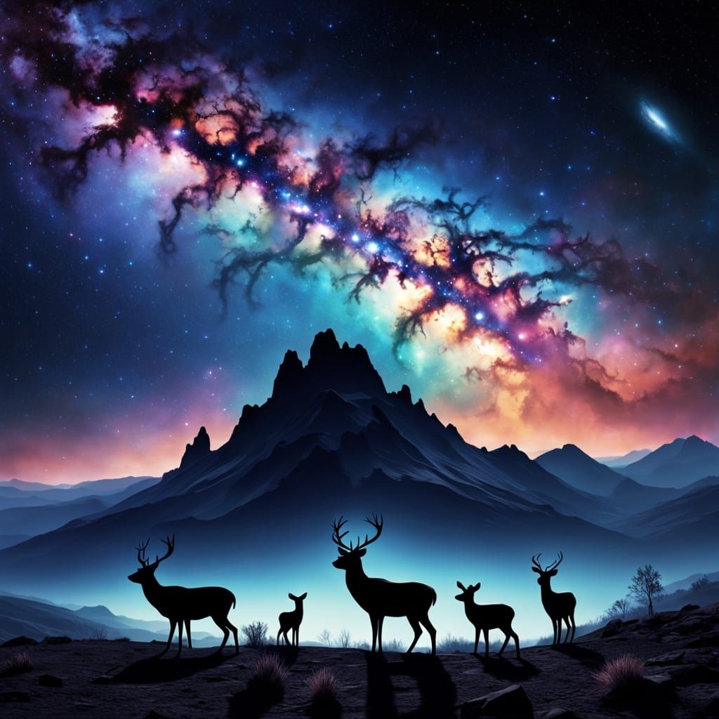 Deer Silhouettes Gazing at a Nebula Sky