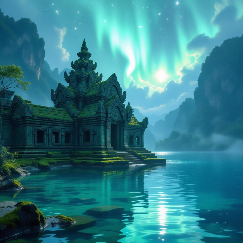 Mystical Submerged Temple with Aurora, Hyperrealistic Concep...