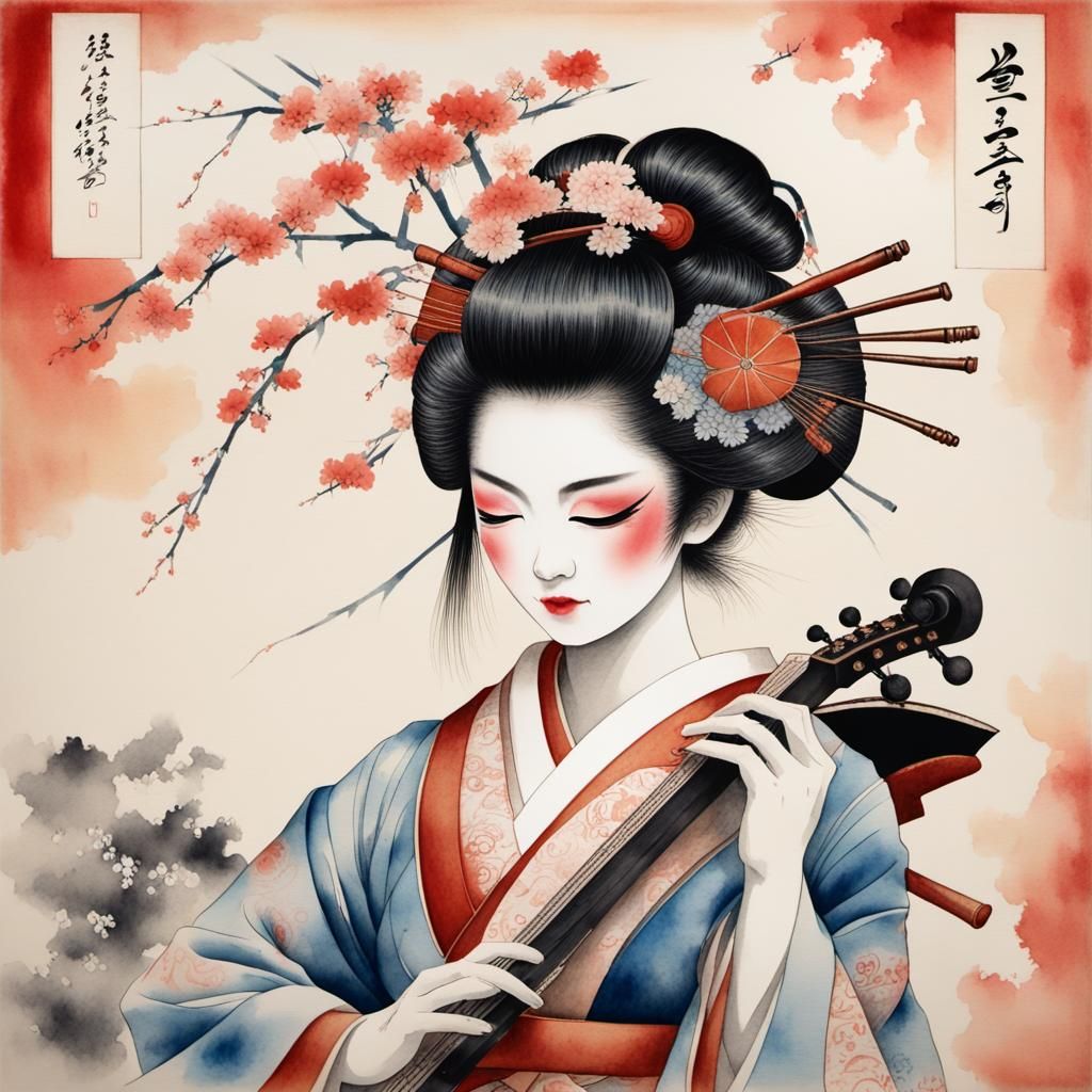 Geisha in Okiya: Stylized Watercolor Painting