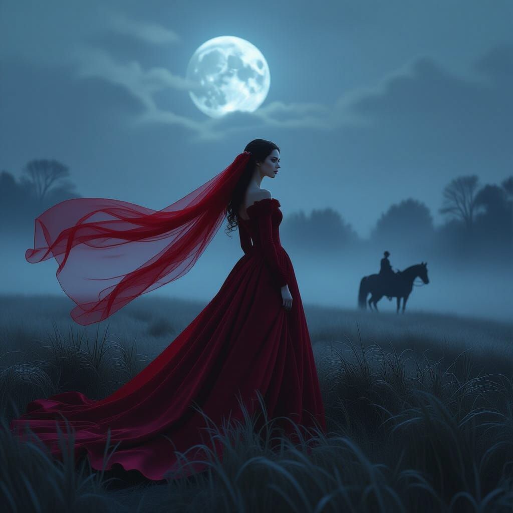 Crimson Gown Woman in Moonlit Gothic Field