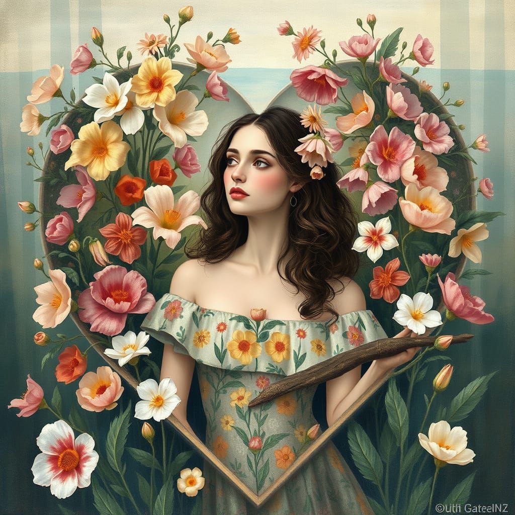 Woman in Heart Shaped Frame with Blooming Flowers in Renaiss...