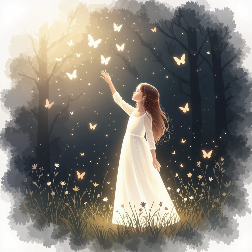 Girl Reaching Up in Glowing Clearing