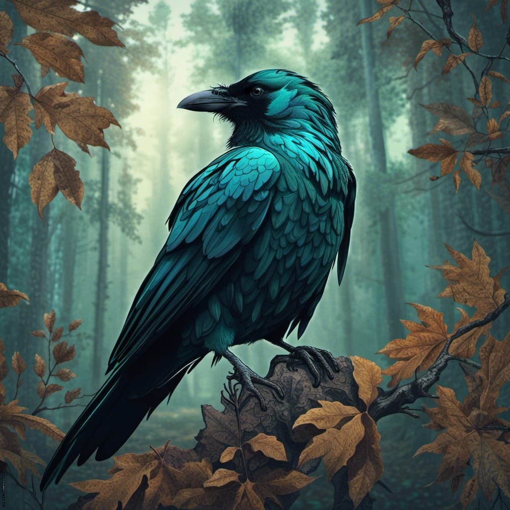 Detailed Teal Raven in Moody Forest