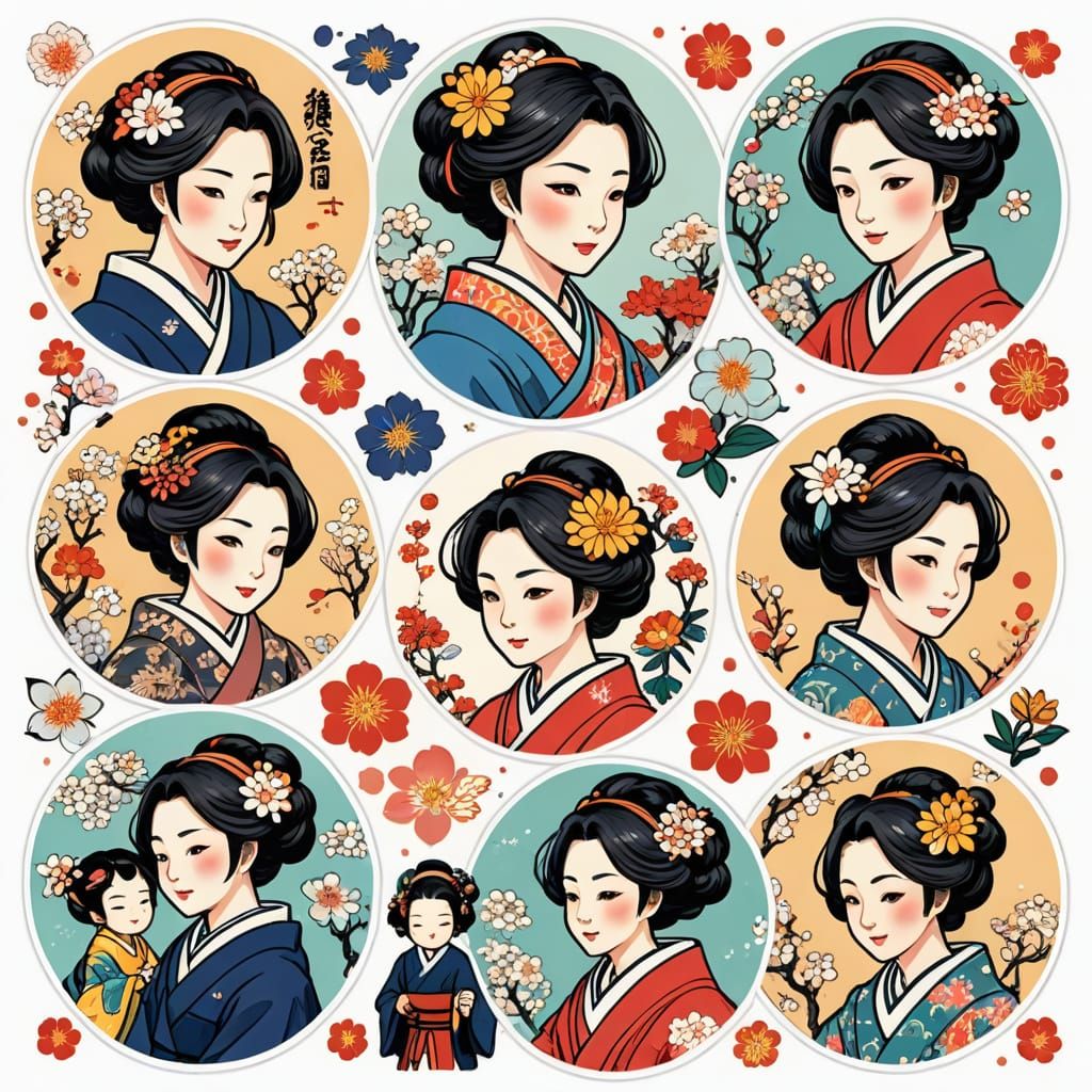 Traditional Japanese Mothers in Vibrant Ukiyo-E Style
