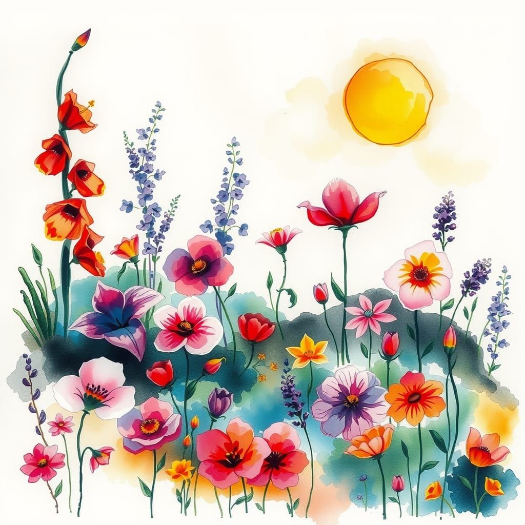 Bioluminescent Rainbow Garden: Watercolor and Ink Sketch