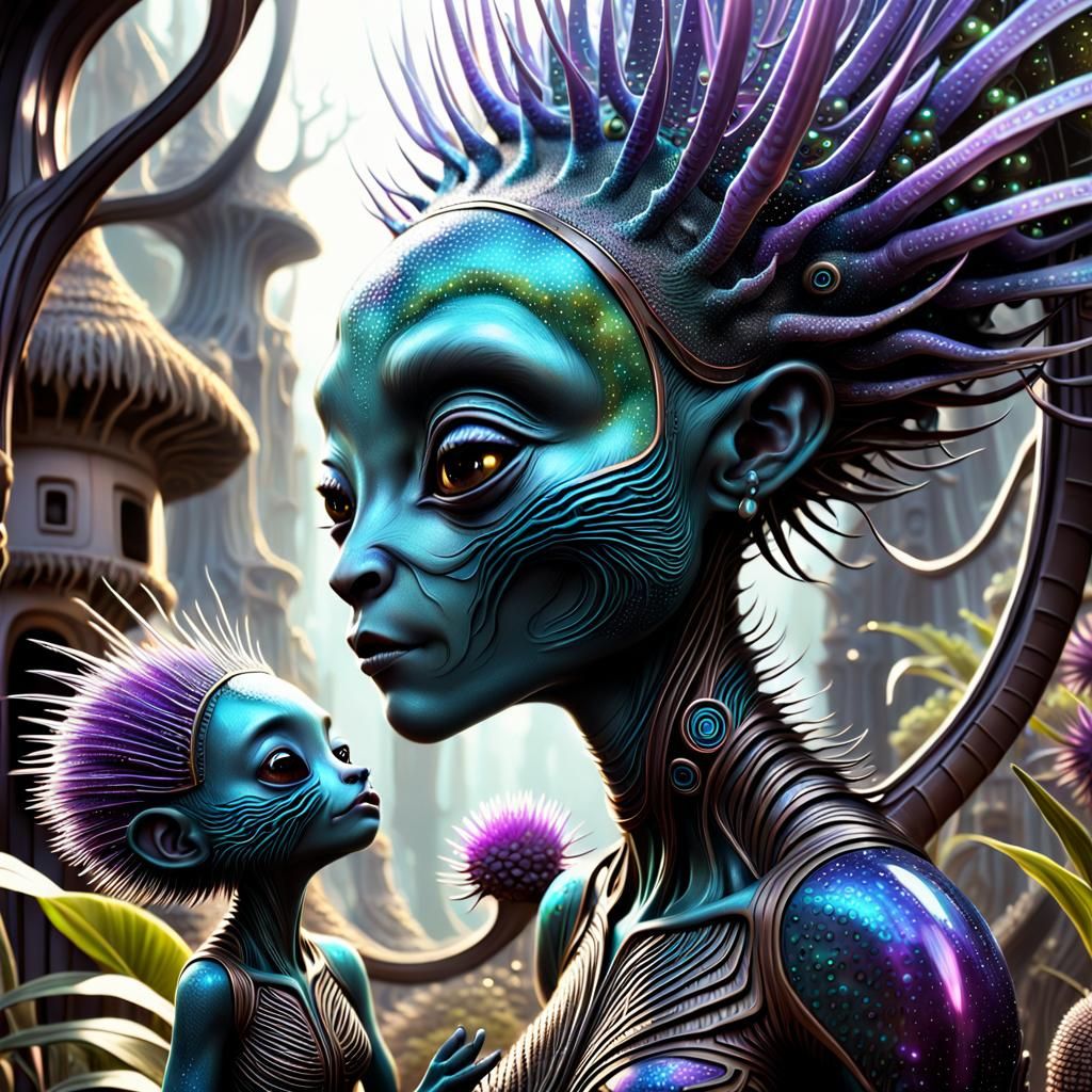 Ethereal Alien Mother and Baby in Fractal Village