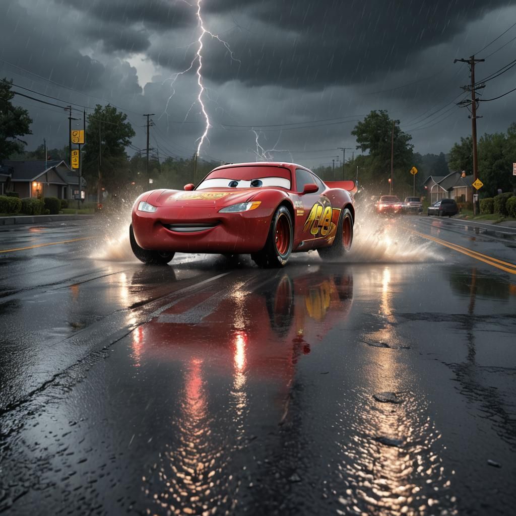 Lightning McQueen Races Through Rainy City in Pixar Style