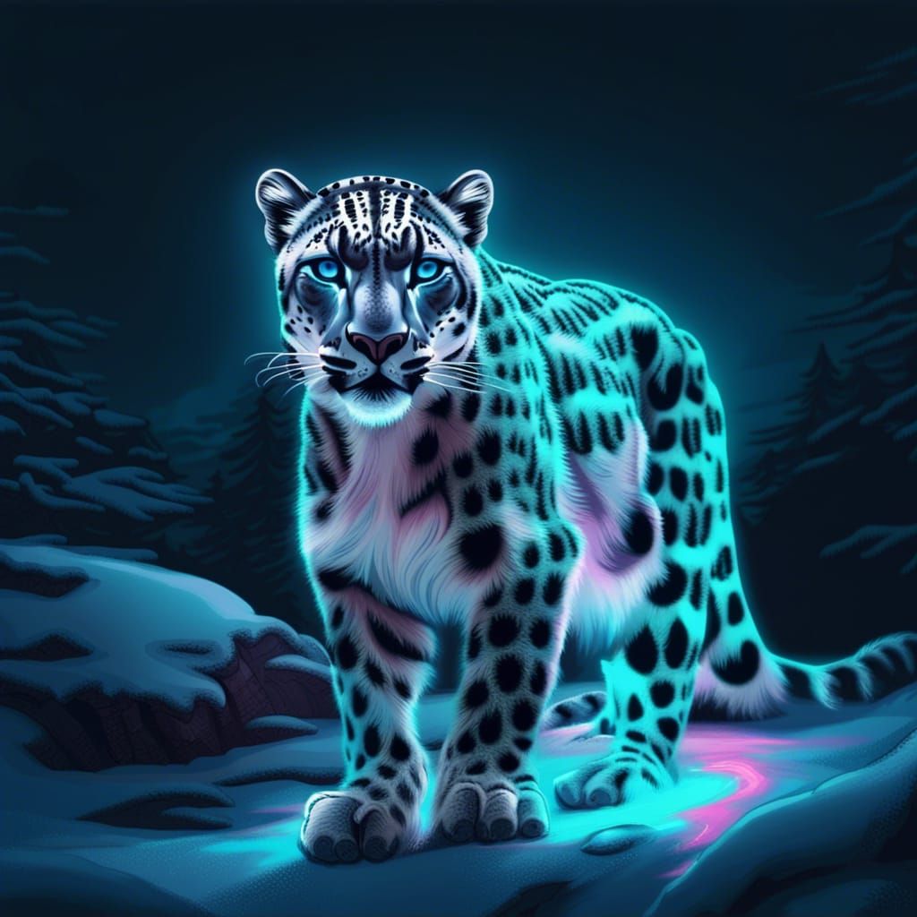 Bioluminescent Snow Leopard in Synthwave Neon