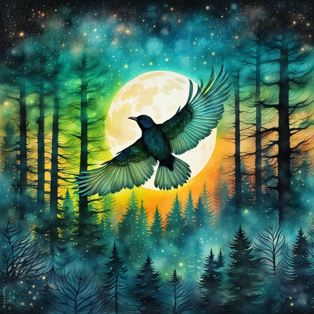 Bird Silhouette Over Forest in Watercolor Art