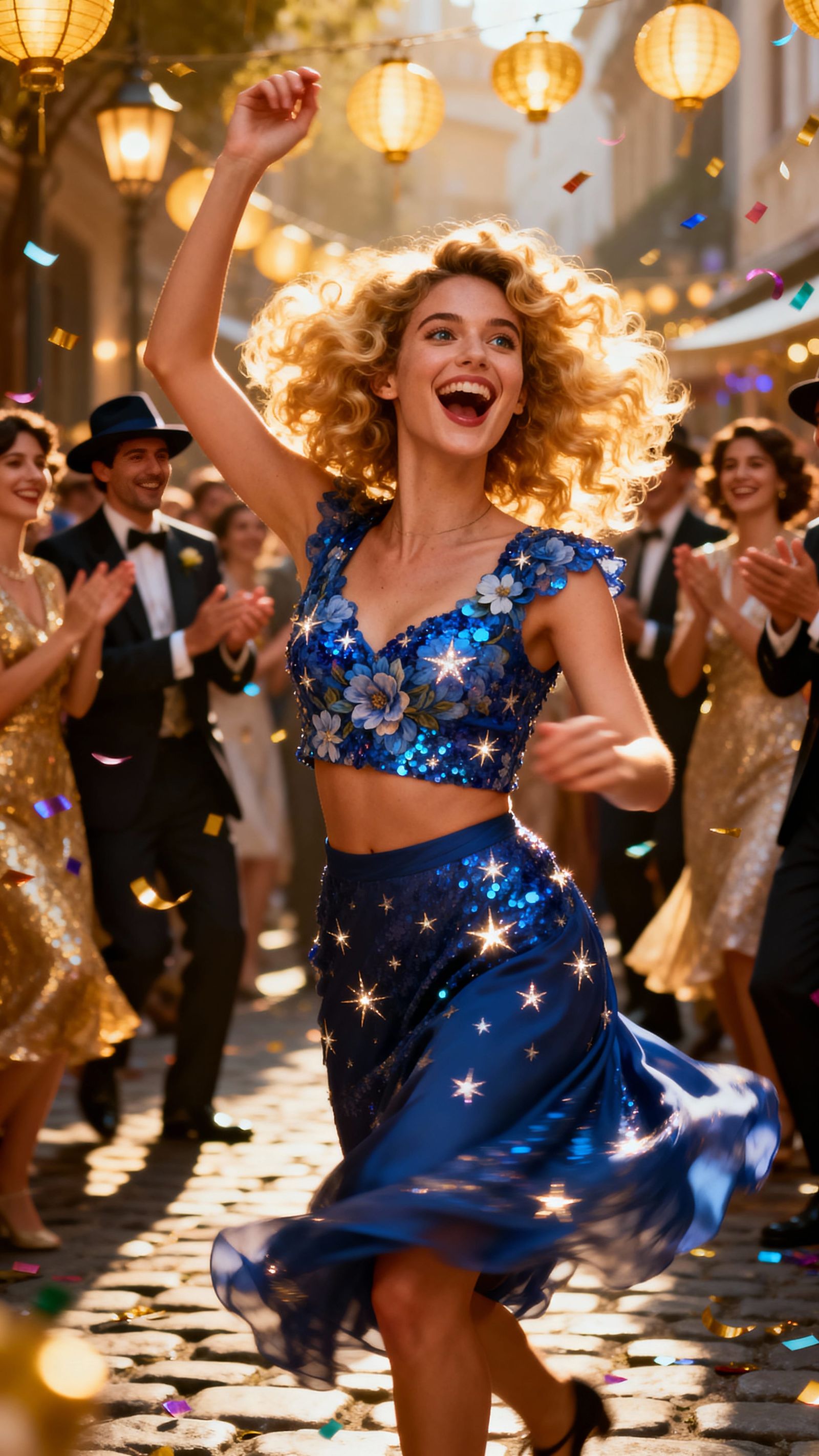 Woman Radiating Joy at Vibrant Street Celebration
