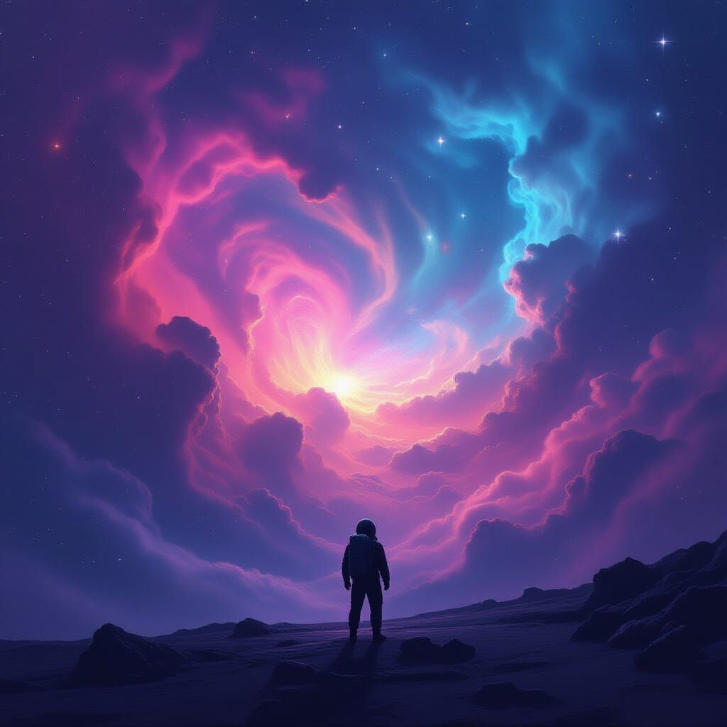 Cosmic Spectacle: Astronaut Gazes at Swirling Nebulae